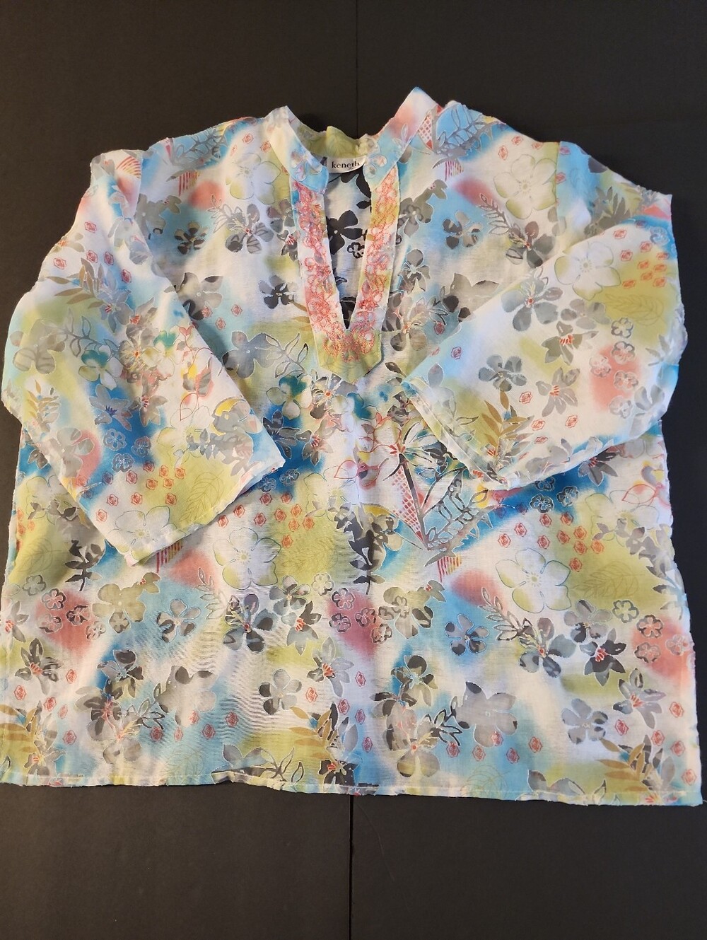 Kenneth Too, Semi Sheer, Pull Over Floral Blouse W-M, 3/4 Sleeve